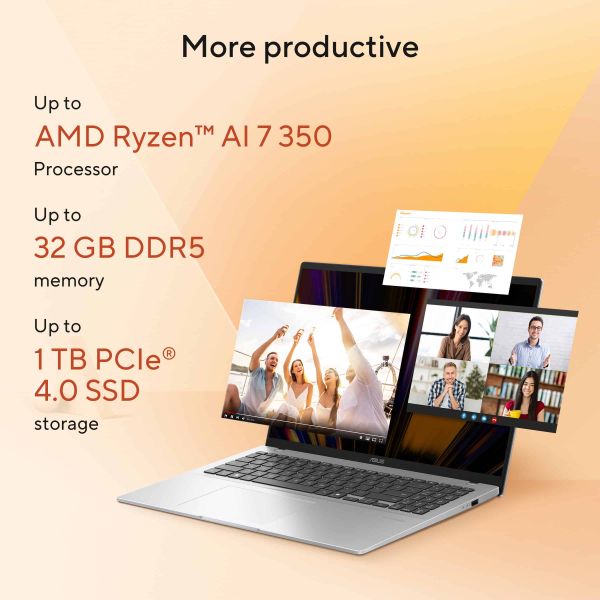 ASUS Vivobook 16 M1607KA-MB043W AMD Ryzen AI 7 340 Laptop 40,6 cm (16") WUXGA 16 GB DDR5-SDRAM 512 GB SSD Wi-Fi 6 (802.11ax) Windows 11 Home Belgisch Blauw, Zilver (90NB15F1-M006F0)