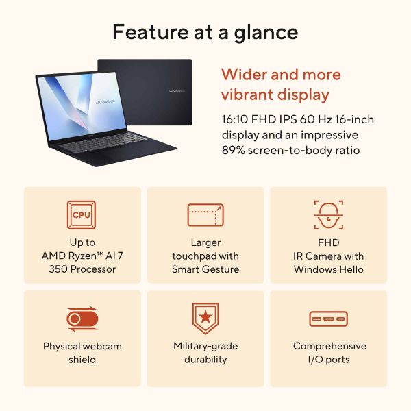 ASUS Vivobook 16 M1607KA-MB043W AMD Ryzen AI 7 340 Laptop 40,6 cm (16") WUXGA 16 GB DDR5-SDRAM 512 GB SSD Wi-Fi 6 (802.11ax) Windows 11 Home Belgisch Blauw, Zilver (90NB15F1-M006F0)