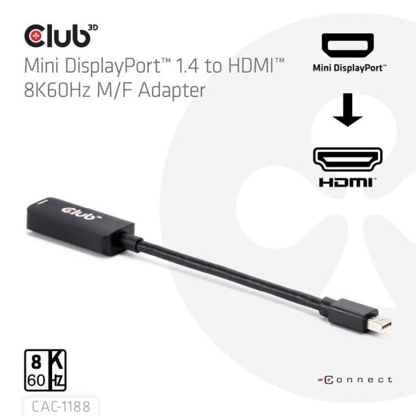 CLUB3D Mini DisplayPort™ 1.4 to HDMI™ 8K60Hz M/F Adapter (CAC-1188)