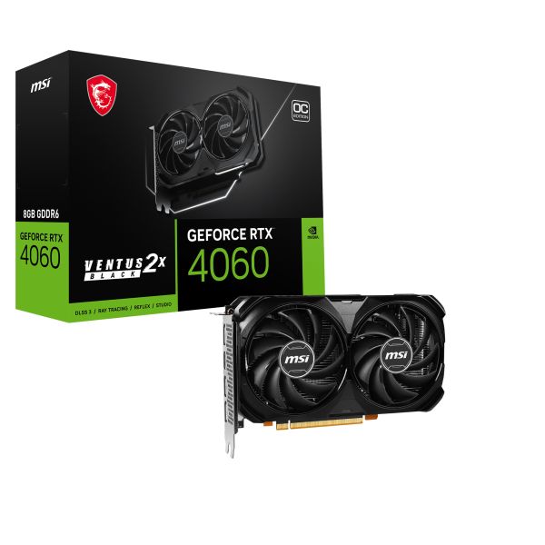 MSI VENTUS GEFORCE RTX 4060 2X BLACK 8G OC videokaart NVIDIA 8 GB GDDR6 (4060VEN2XBLACK8GOC) MSI VENTUS GEFORCE RTX 4060 2X BLACK 8G OC videokaart NVIDIA 8 GB GDDR6 (4060VEN2XBLACK8GOC)