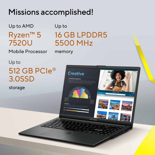 ASUS Vivobook Go 15 E1504FA-NJ1254W AMD Ryzen™ 5 7520U Laptop 39,6 cm (15.6") Full HD 16 GB LPDDR5-SDRAM 512 GB SSD Wi-Fi 6E (802.11ax) Windows 11 Home Zwart (E1504FA-NJ1254W)