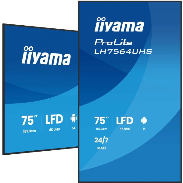 iiyama LH7564UHS-B1AG beeldkrant Digitale signage flatscreen 190,5 cm (75") Wifi 500 cd/m² 4K Ultra HD Zwart Type processor Android 24/7 (LH7564UHS-B1AG)