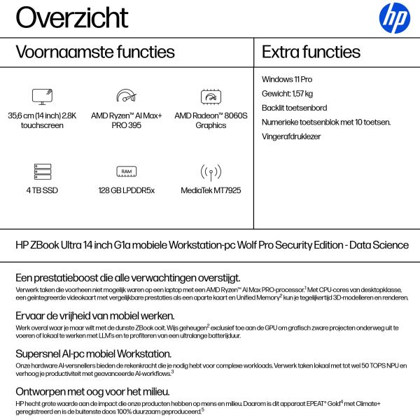 HP ZBook Ultra G1a Copilot+ PC AMD Ryzen AI Max+ PRO PRO 395 Mobiel werkstation 35,6 cm (14") Touchscreen 2.8K 128 GB LPDDR5x-SDRAM 4 TB SSD Wi-Fi 7 (802.11be) Windows 11 Pro AI Workstation, AI PC Zilver (A3ZJ2ET#ABH)
