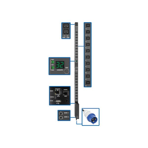 Eaton 7.7kW Single-Phase Switched PDU with LXPlatform Interface 230V Output IEC 309 32A Blue 10 ft. (3.05 m) Cord 0U TAA (PDUMV32HVNETLX)
