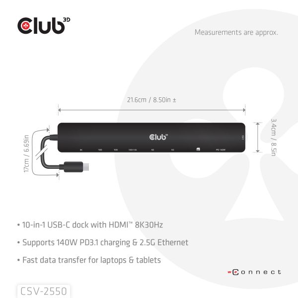 CLUB3D 10-1 Portable Dock USB Type-C® 10Gbps to HDMI™ 8K30Hz PD3.1 Max.140Watt (CSV-2550)