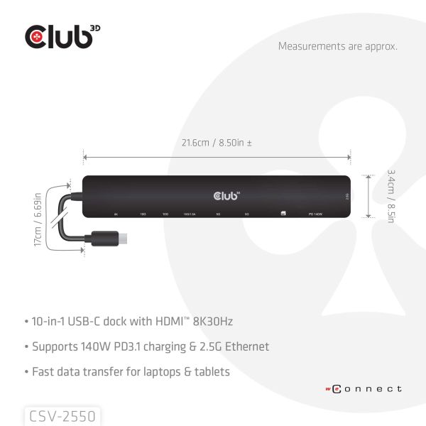 CLUB3D 10-1 Portable Dock USB Type-C® 10Gbps to HDMI™ 8K30Hz PD3.1 Max.140Watt (CSV-2550)