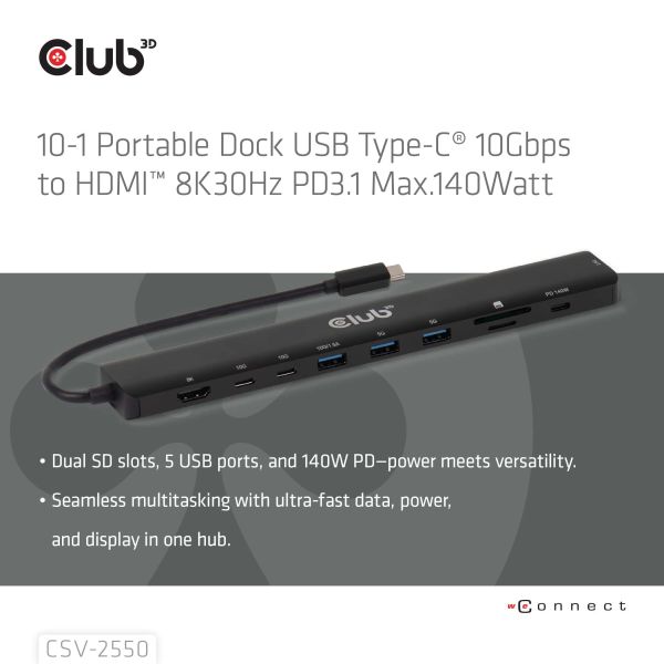CLUB3D 10-1 Portable Dock USB Type-C® 10Gbps to HDMI™ 8K30Hz PD3.1 Max.140Watt (CSV-2550)