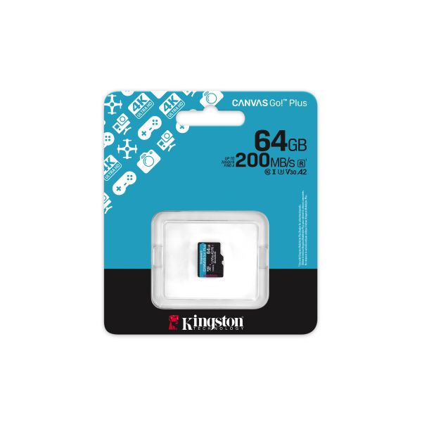 Kingston Technology 64GB microSDXC Canvas Go! Plus Gen4 200R A2 U3 enkel pakket zonder adapter (SDCG4/64GBSP)