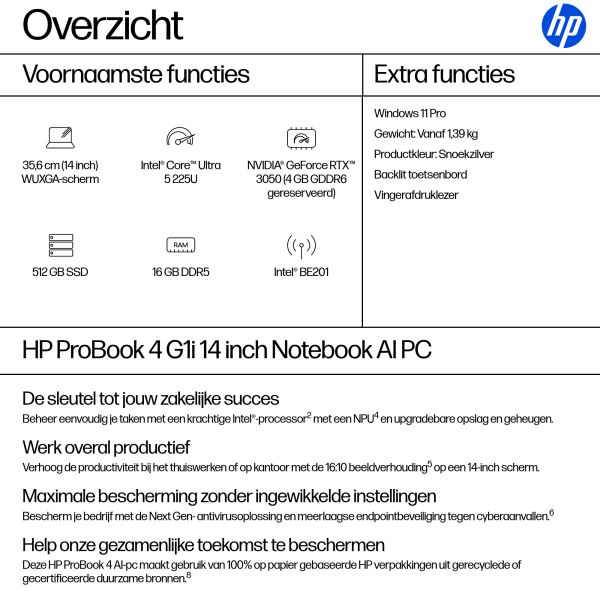 HP ProBook 4 G1i AI PC Intel Core Ultra 5 225U Laptop 35,6 cm (14") WUXGA 16 GB DDR5-SDRAM 512 GB SSD Wi-Fi 7 (802.11be) Windows 11 Pro Zilver