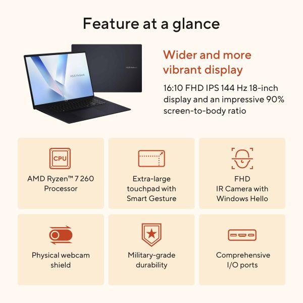 ASUS Vivobook 18 M1807HA-S8033W AMD Ryzen™ 7 260 Laptop 46,7 cm (18.4") WUXGA 16 GB DDR5-SDRAM 1 TB SSD Wi-Fi 6 (802.11ax) Windows 11 Home Belgisch Blauw (90NB15P1-M007M0)
