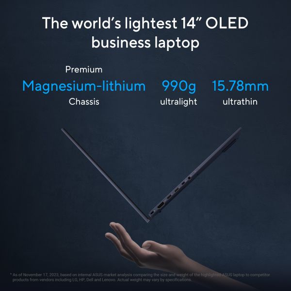 ASUS ExpertBook B9 OLED B9403CVAR-PP1678X Intel Core 7 150U Laptop 35,6 cm (14") WQXGA+ 32 GB LPDDR5x-SDRAM 1 TB SSD Wi-Fi 6E (802.11ax) Windows 11 Pro Frans Zwart (90NX05W1-M02W80)