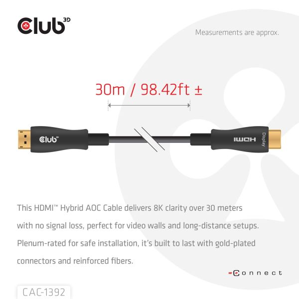 CLUB3D HDMI™ Hybrid AOC Cable 8K60Hz/4K120Hz 30m / 98.42 ft (CAC-1392)