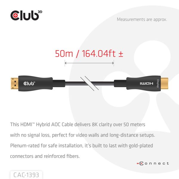 CLUB3D HDMI™ Hybrid AOC Cable 8K60Hz/4K120Hz 50m / 164.04ft (CAC-1393)