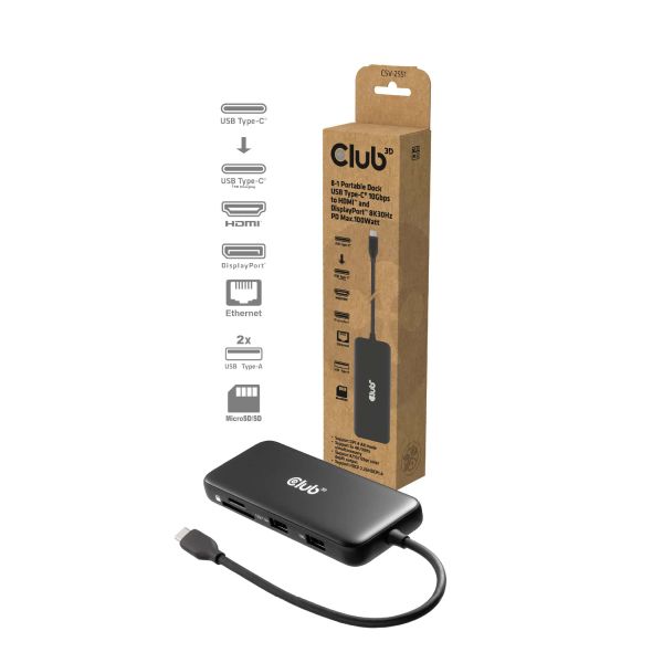 CLUB3D 8-1 Portable Dock USB Type-C® 10Gbps to HDMI™ and DisplayPort™ 8K30Hz PD Max.100Watt (CSV-2551)