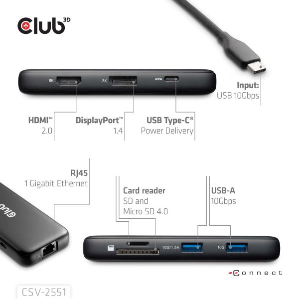 CLUB3D 8-1 Portable Dock USB Type-C® 10Gbps to HDMI™ and DisplayPort™ 8K30Hz PD Max.100Watt (CSV-2551)