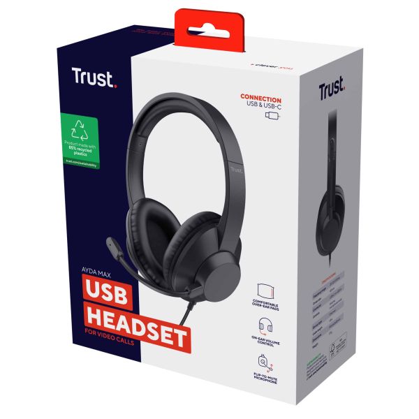 Trust Ayda Max USB Headset - USB headset voor kantoor en calls – Opklapbare microfoon – 40 mm drivers – Zwart (25461) Trust Ayda Max USB Headset - USB headset voor kantoor en calls – Opklapbare microfoon – 40 mm drivers – Zwart (25461)