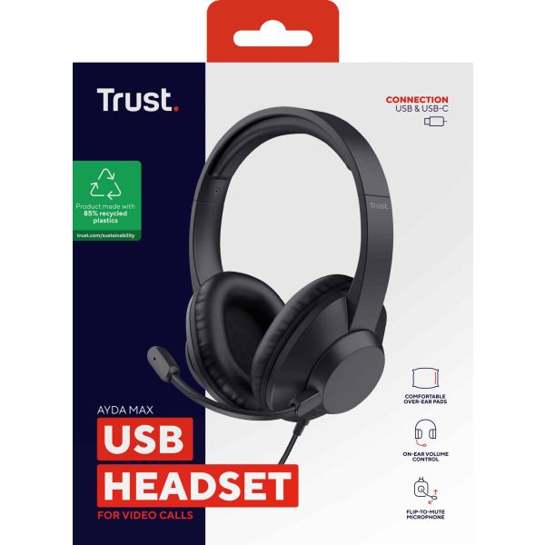 Trust Ayda Max USB Headset - USB headset voor kantoor en calls – Opklapbare microfoon – 40 mm drivers – Zwart (25461)