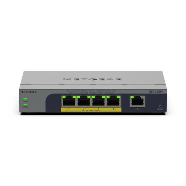 NETGEAR GS105EPP Unmanaged Gigabit Ethernet (10/100/1000) Power over Ethernet (PoE) Bureaublad-/wandmontage Grijs (GS105EPP-100EUS)