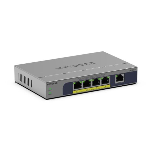 NETGEAR GS105P Unmanaged Gigabit Ethernet (10/100/1000) Power over Ethernet (PoE) Bureaublad-/wandmontage Grijs (GS105P-300EUS)