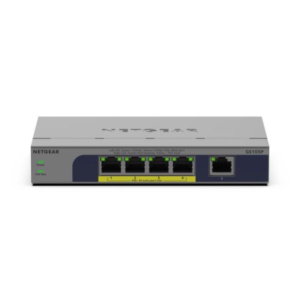 NETGEAR GS105P Unmanaged Gigabit Ethernet (10/100/1000) Power over Ethernet (PoE) Bureaublad-/wandmontage Grijs (GS105P-300EUS)
