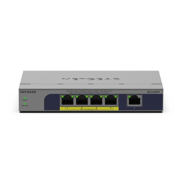 NETGEAR GS105PP Unmanaged Gigabit Ethernet (10/100/1000) Power over Ethernet (PoE) Bureaublad-/wandmontage Grijs (GS105PP-300EUS)
