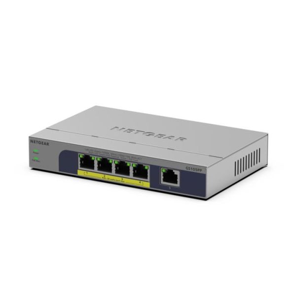 NETGEAR GS105PP Unmanaged Gigabit Ethernet (10/100/1000) Power over Ethernet (PoE) Bureaublad-/wandmontage Grijs (GS105PP-300EUS)