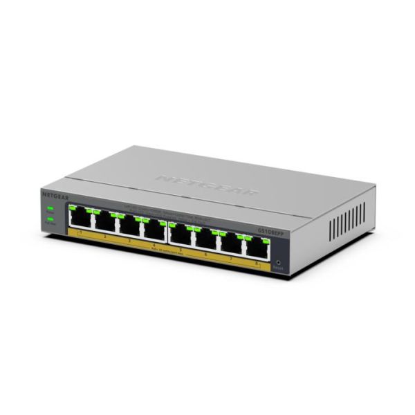 NETGEAR GS108EPP Unmanaged Gigabit Ethernet (10/100/1000) Power over Ethernet (PoE) Bureaublad-/wandmontage Grijs (GS108EPP-100EUS)