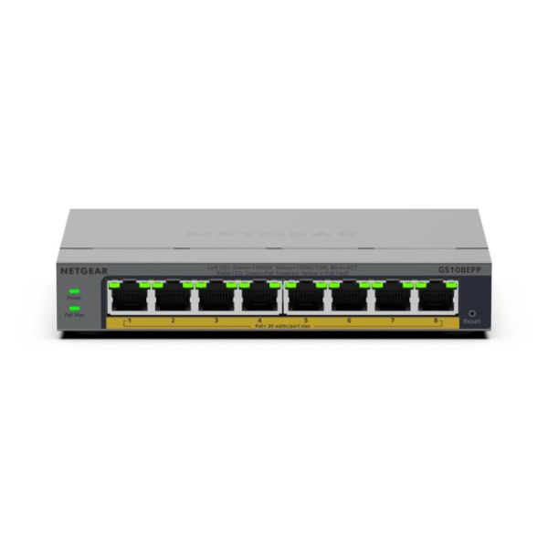 NETGEAR GS108EPP Unmanaged Gigabit Ethernet (10/100/1000) Power over Ethernet (PoE) Bureaublad-/wandmontage Grijs (GS108EPP-100EUS)