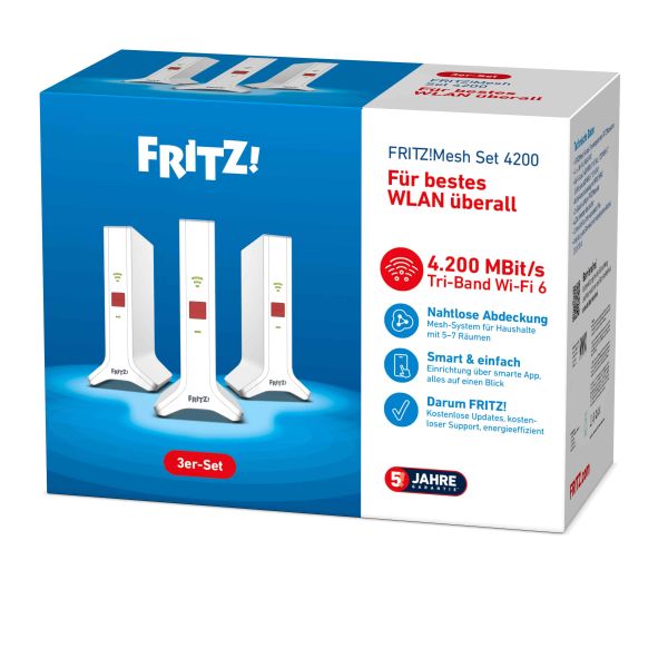 Mesh Set 4200 Dual-band (2.4 GHz / 5 GHz) Wi-Fi 6E (802.11ax) Rood, Wit 2x2/4x4 (20003107) FRITZ! Mesh Set Mesh Set 4200 Dual-band (2.4 GHz / 5 GHz) Wi-Fi 6E (802.11ax) Rood, Wit 2x2/4x4 (20003107)