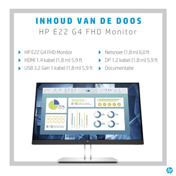 HP E22 G4 computer monitor 54,6 cm (21.5") 1920 x 1080 Pixels Full HD LED Zwart, Zilver (9VH72AT#ABB)
