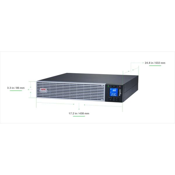 APC Easy UPS On-Line, 3 kVA, lithium-ion, rack/toren 2U, 230 V, 6 IEC C13- en 1 IEC C19-uitgangen, sleuf voor communicatiekaart, inclusief railset (SRVL3KRIRK)