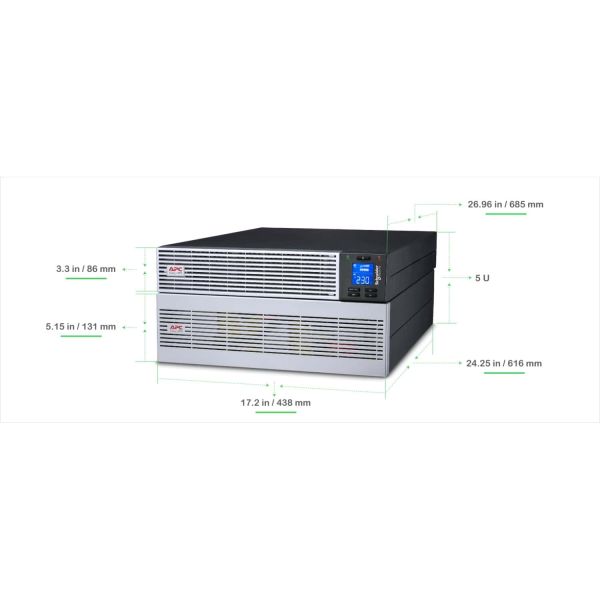 APC Easy UPS On-Line, 6kVA/6kW, Lithium-ion, Rack/Tower 5U, 230V, 1 harde draad (1P+N+E) uitgang, Intelligente kaartsleuf, verlengde runtime, met railkit (SRVL6KRILRK)