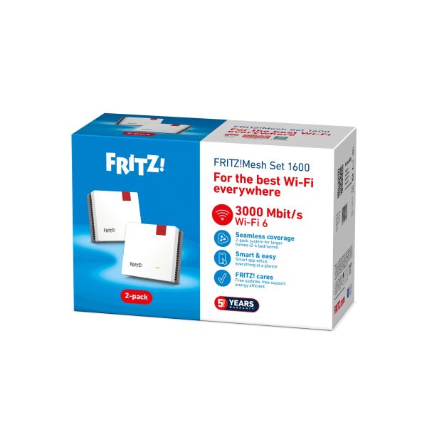 FRITZ! Mesh Set FRITZMESH SET 1600 2-PACK EDITION INTERNATIONAL Dual-band (2.4 GHz / 5 GHz) Wi-Fi 6 (802.11ax) Rood, Wit Intern (20003126)