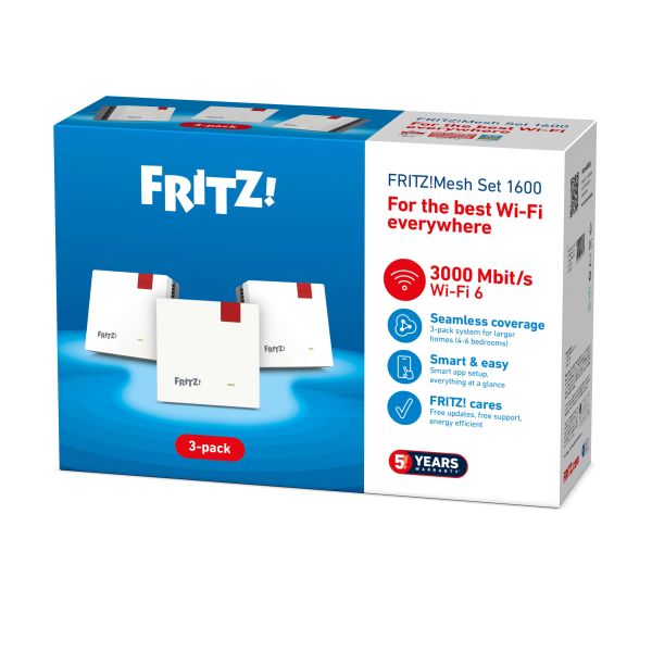 Mesh Set FRITZMESH SET 1600 3-PACK EDITION INTERNATIONAL Dual-band (2.4 GHz / 5 GHz) Wi-Fi 6 (802.11ax) Rood, Wit Intern (20003127)