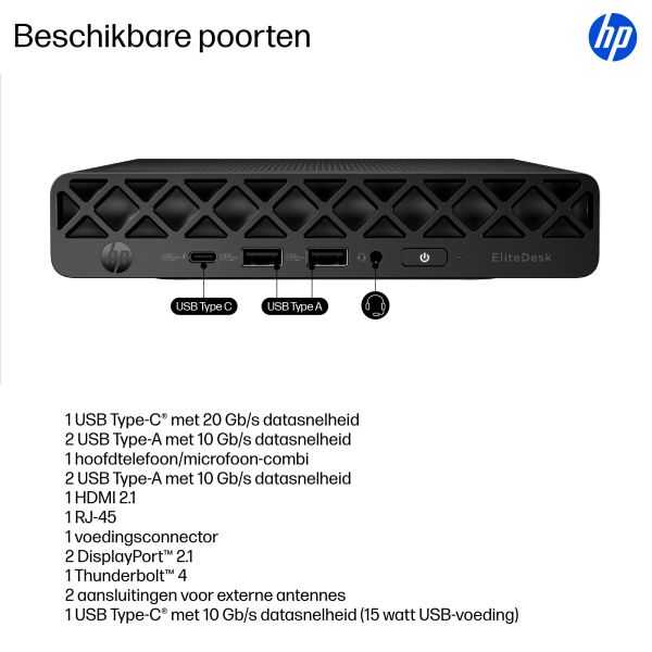 HP EliteDesk 8 Mini G1iU523516GB/512GBPC Intel Core Ultra 5 235 16 GB DDR5-SDRAM 512 GB SSD Windows 11 Pro Mini PC AI PC Zwart (623G7ET#ABH)