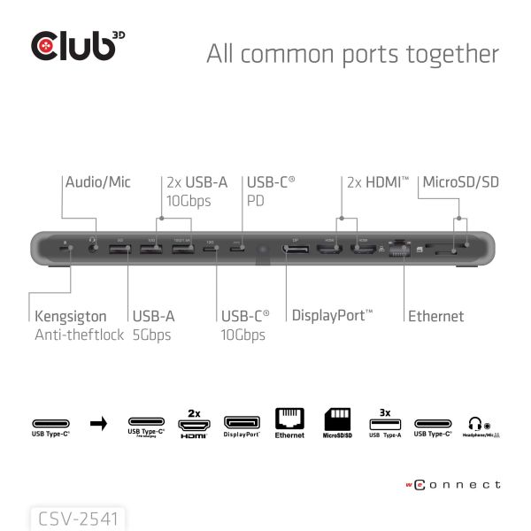 CLUB3D CSV-2541 laptop dock & poortreplicator Docking USB 3.2 Gen 1 (3.1 Gen 1) Type-C Zwart (CSV-2541)