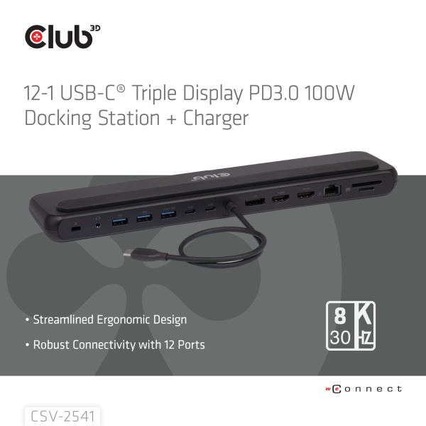 CLUB3D CSV-2541 laptop dock & poortreplicator Docking USB 3.2 Gen 1 (3.1 Gen 1) Type-C Zwart (CSV-2541)