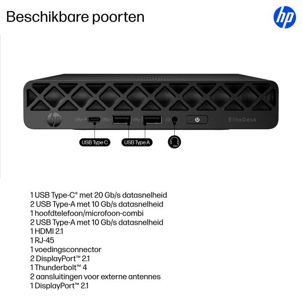HP EliteDesk 8 Mini G1i U9285 PC Intel Core Ultra9 285- SSD - Core Ultra 9 - 64 GB Intel Core Ultra 9 DDR5-SDRAM 1 TB Windows 11 Pro Mini PC AI PC Zwart (623H3ET#ABH)