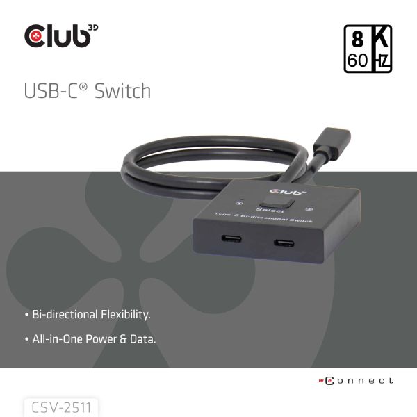 CLUB3D USB-C® Bi-Directional Video + Data + PD Switch (CSV-2511)