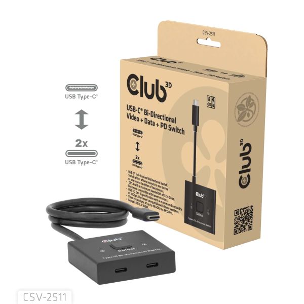 CLUB3D USB-C® Bi-Directional Video + Data + PD Switch (CSV-2511)