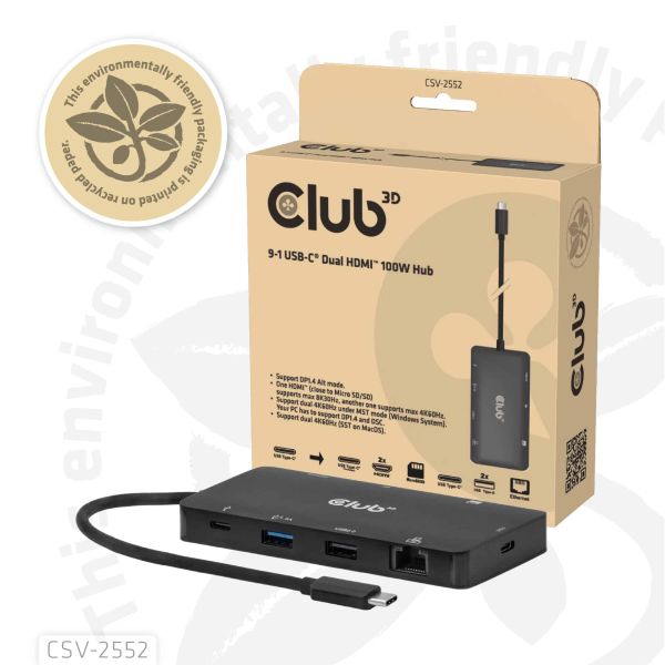 CLUB3D 9-1 Dual HDMI™ USB-C® Hub PD3.0 100W (CSV-2552)