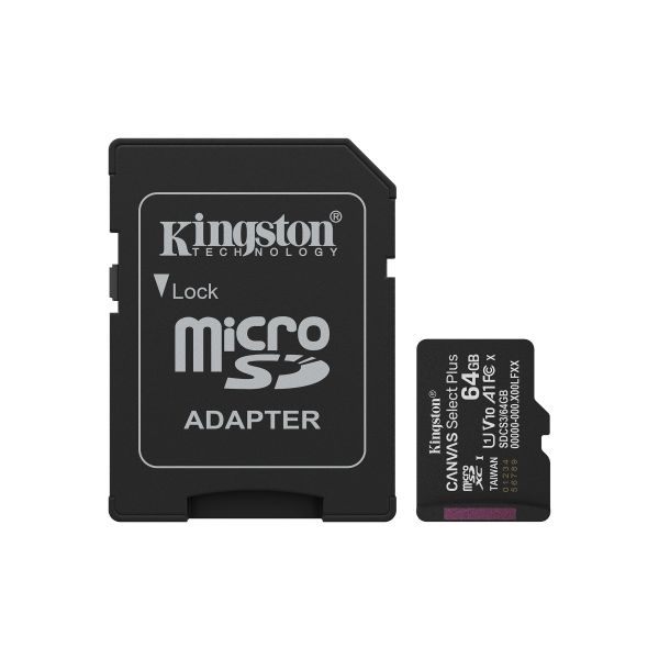 Kingston Technology 64GB microSDXC Canvas Select Plus Gen3 100MB/s A1 kaart + adapter (SDCS3/64GB) Kingston Technology 64GB microSDXC Canvas Select Plus Gen3 100MB/s A1 kaart + adapter (SDCS3/64GB)