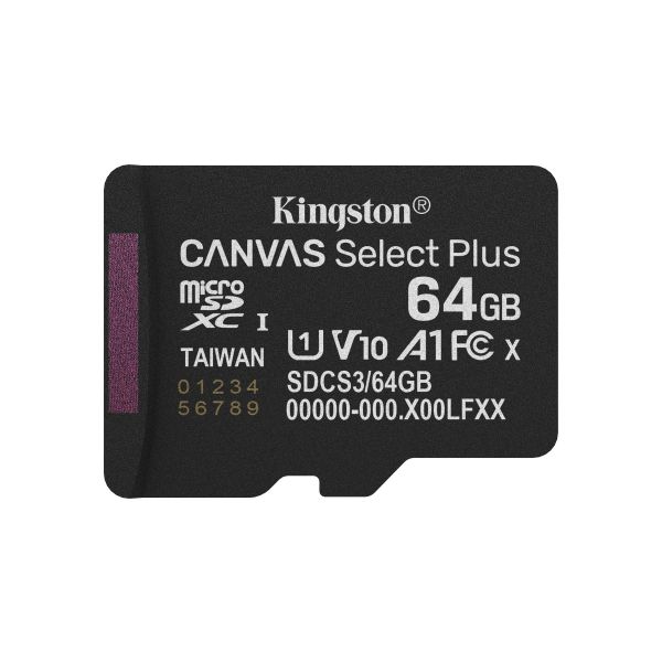 Kingston Technology 64GB microSDXC Canvas Select Plus Gen3 100MB/s A1 kaart + adapter (SDCS3/64GB)
