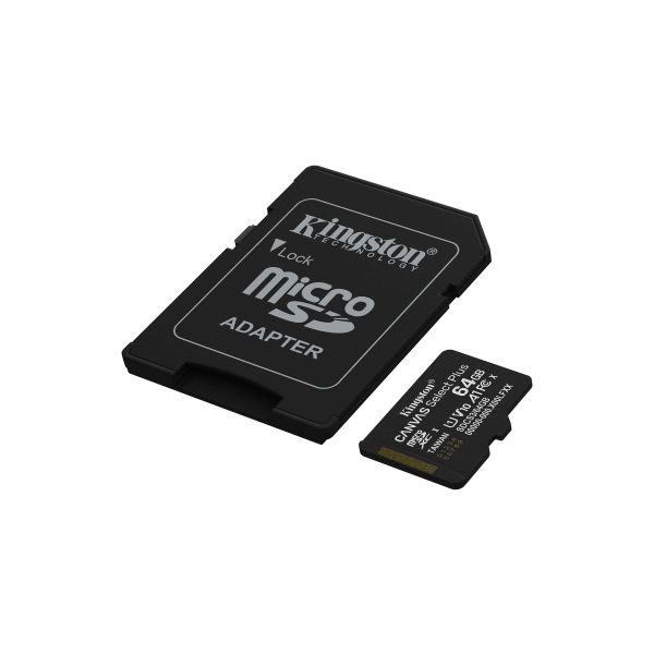 Kingston Technology 64GB microSDXC Canvas Select Plus Gen3 100MB/s A1 kaart + adapter (SDCS3/64GB)