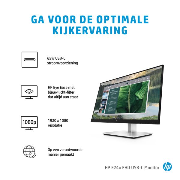 HP E24u G4 computer monitor 60,5 cm (23.8") 1920 x 1080 Pixels Full HD LCD Zwart, Zilver (189T0AA#ABB)
