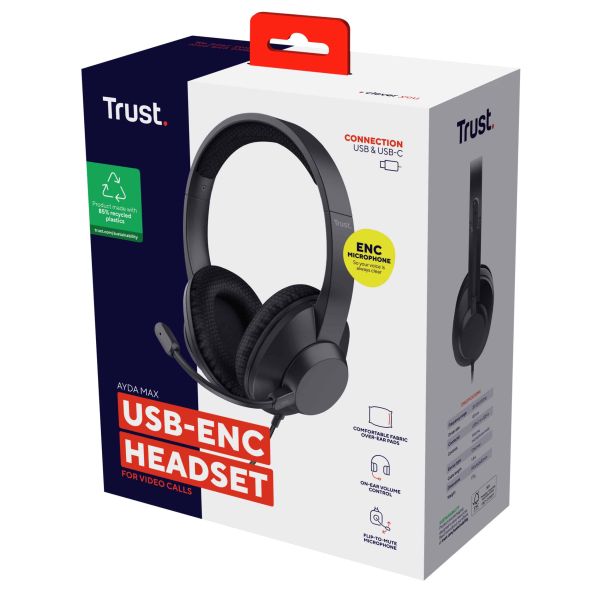 Trust Ayda Max USB-C Headset - USB headset voor kantoor en calls – USB-C en USB-A aansluiting – Opklapbare microfoon – Zwart (25462) Trust Ayda Max USB-C Headset - USB headset voor kantoor en calls – USB-C en USB-A aansluiting – Opklapbare microfoon – Zwart (25462)