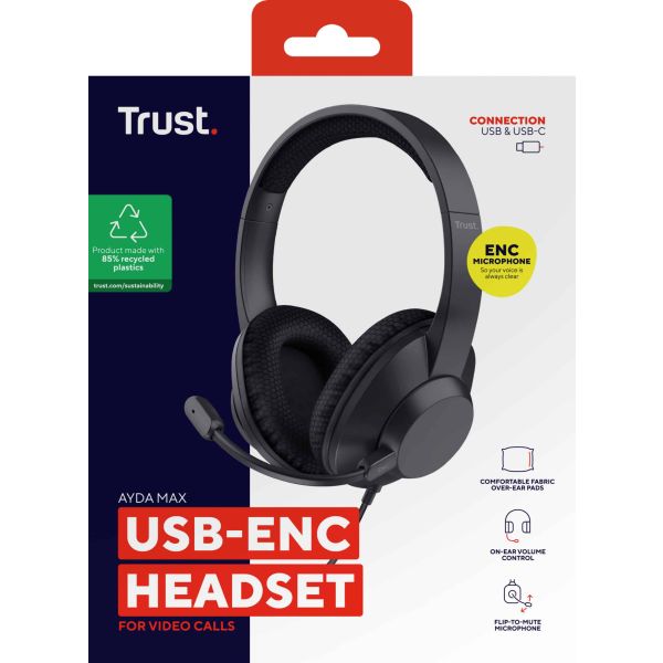 Trust Ayda Max USB-C Headset - USB headset voor kantoor en calls – USB-C en USB-A aansluiting – Opklapbare microfoon – Zwart (25462)
