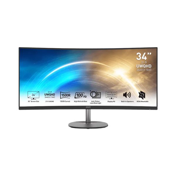 MSI PRO MP341CQDE Office Monitor - QHD Curved Panel, 100 Hz, Lautsprecher, WQHD Auflösung 3.440 x 1.440 | Reaktionszeit 1ms (9S6-3PB2CT-042)