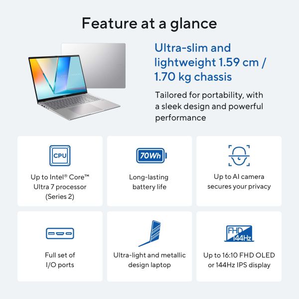 ASUS Vivobook S16 S3607VA-RP097W Intel Core 5 210H Laptop 40,6 cm (16") WUXGA 16 GB DDR5-SDRAM 512 GB SSD Wi-Fi 6 (802.11ax) Windows 11 Home Belgisch Zilver (90NB1671-M008C0)