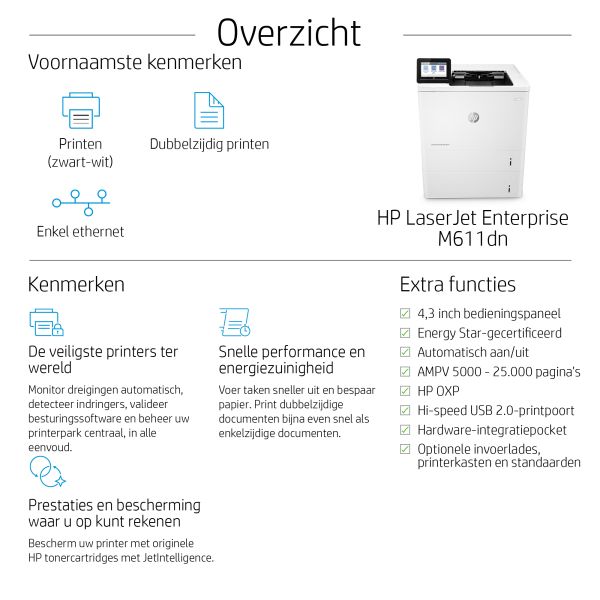 HP LaserJet Enterprise M611dn Zwart-wit Printer, Alleen Ethernet; Dubbelzijdig (7PS84A)